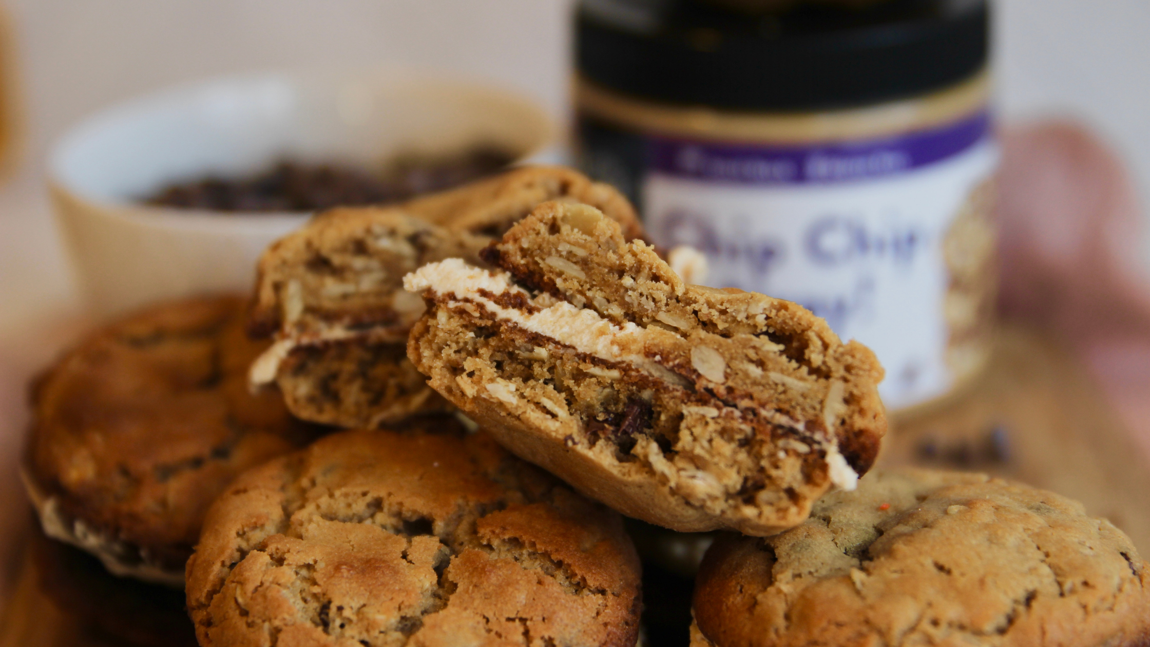 Oatmeal Chocolate Chip Cookie Sandwiches with Cashew Butter Cream Filling