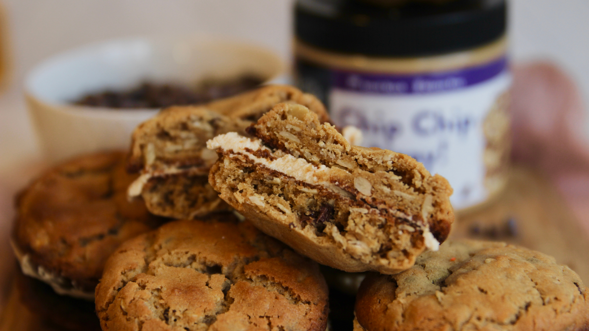 Oatmeal Chocolate Chip Cookie Sandwiches with Cashew Butter Cream Filling