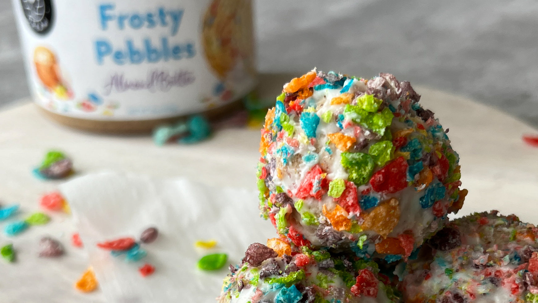 Frosty Pebbles Protein Cake Pops (No Bake!)