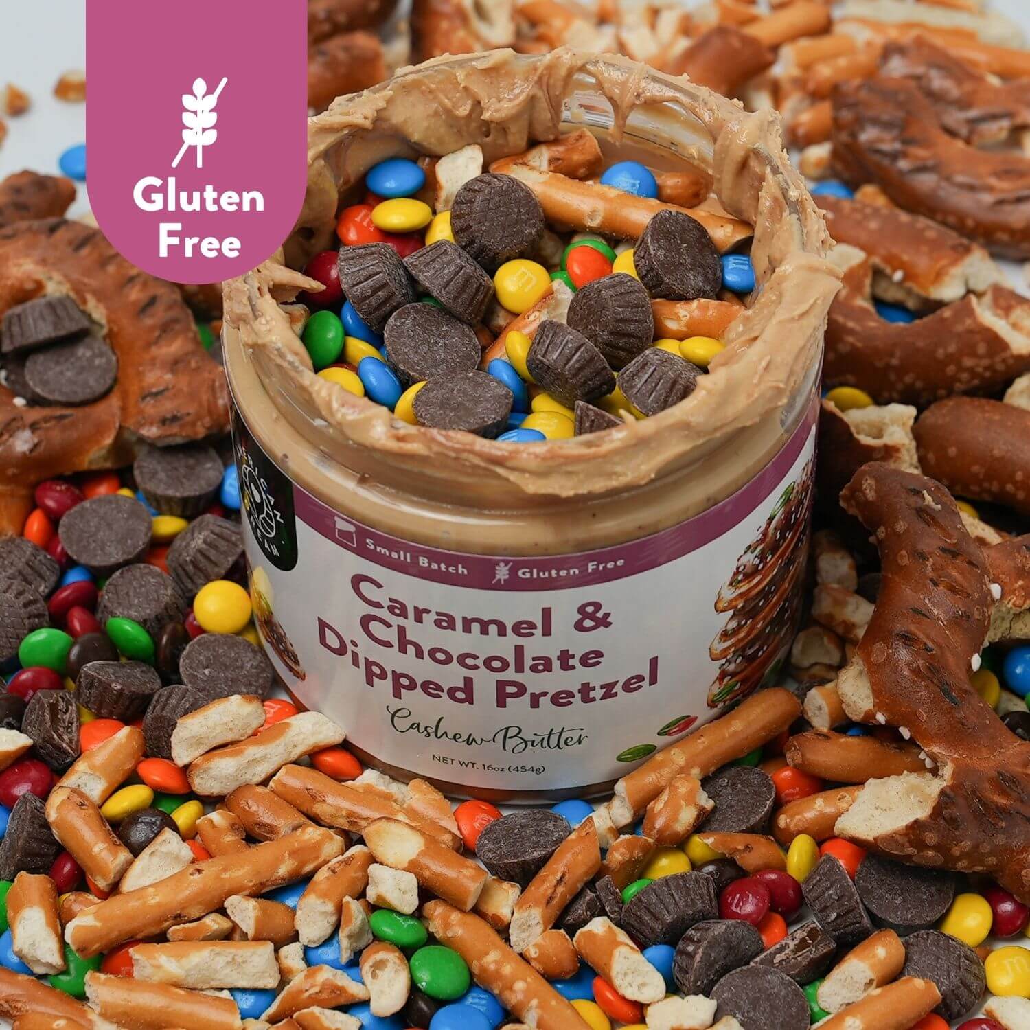 Gluten-Free Caramel & Chocolate Dipped Pretzel Cashew Butter