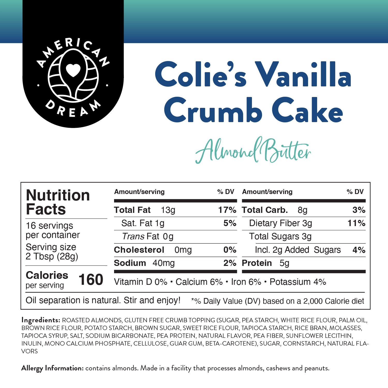 Gluten-Free Colie's Vanilla Crumb Cake Almond Butter