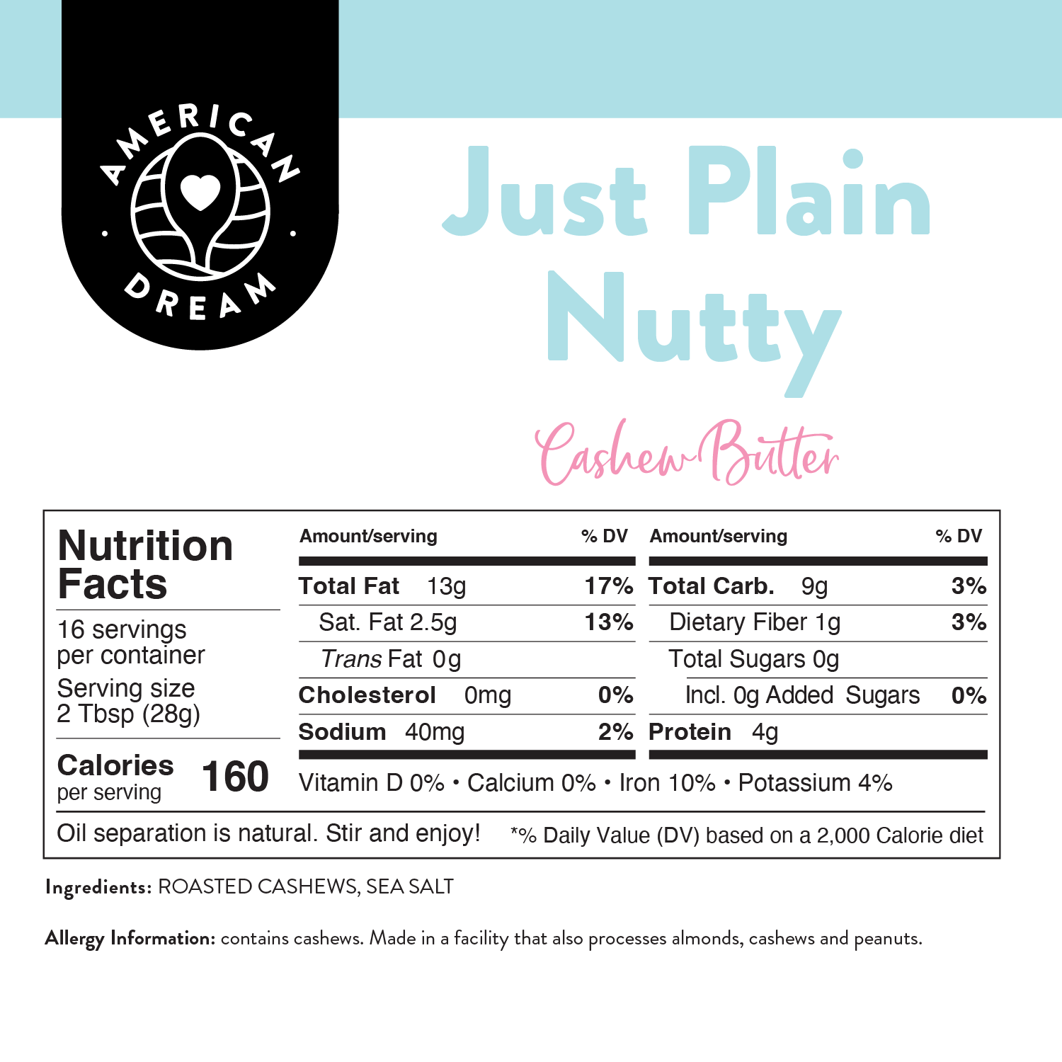 Gluten-Free Just Plain Nutty Cashew Butter