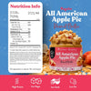 A jar of Small Batch All American Apple Pie Peanut Butter shown on a blue background with a large nutrition facts panel and product details. The jar is filled with apple pie filling and topped with nuts, with a red label.