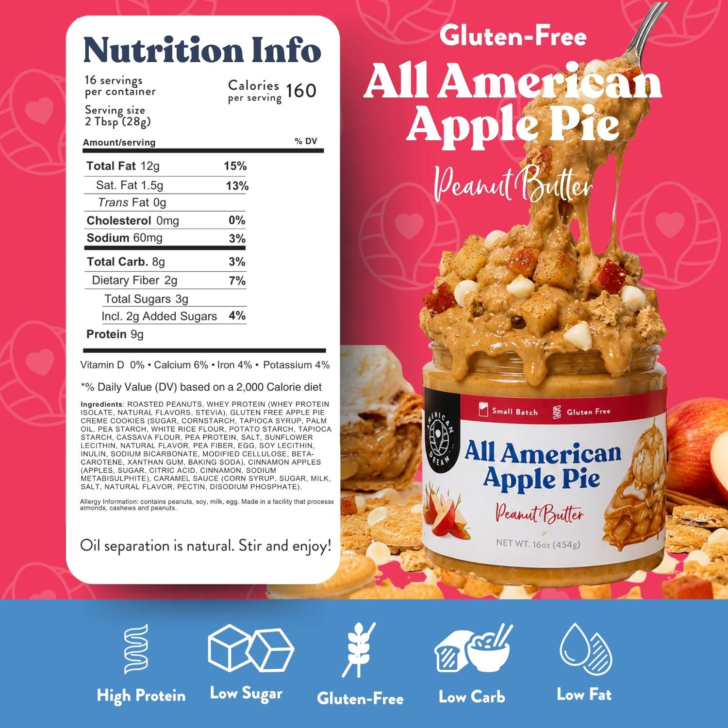 A jar of Fresh Bakes All American Apple Pie Peanut Butter shown with a large Nutrition Info panel, apple slices, and decorative text on a pink and blue background.