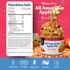 A jar of Fresh Bakes All American Apple Pie Peanut Butter shown with a large Nutrition Info panel, apple slices, and decorative text on a pink and blue background.