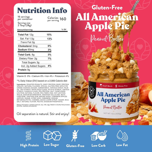 A jar of Fresh Bakes All American Apple Pie Peanut Butter shown with a large Nutrition Info panel, apple slices, and decorative text on a pink and blue background.