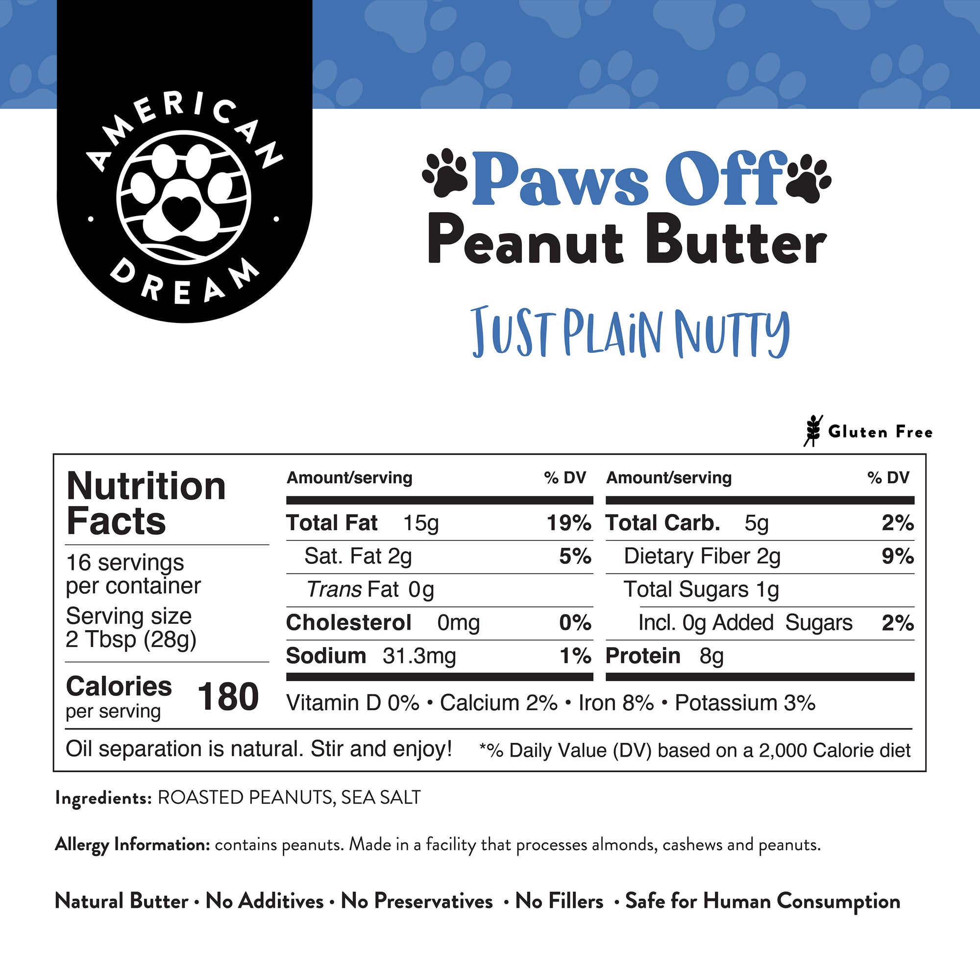 Gluten-Free Paws Off Just Plain Nutty Peanut Butter