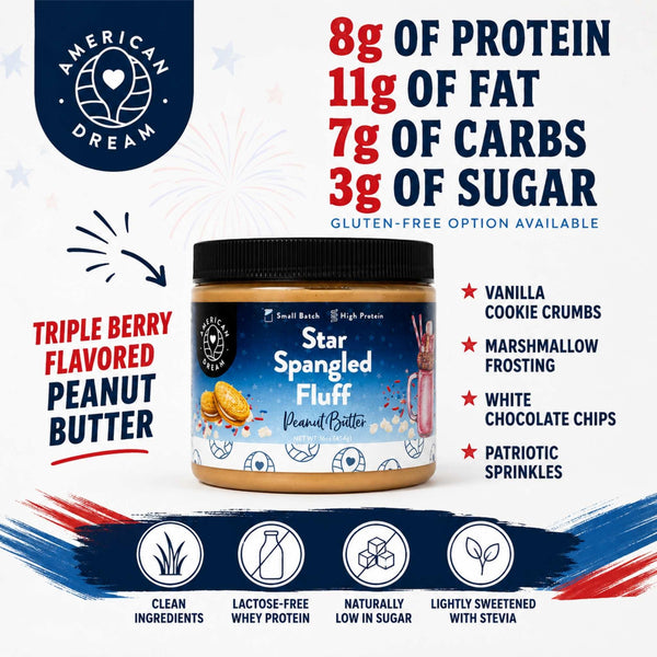 A jar of Small Batch High Protein Star Spangled Fluff Peanut Butter centered on a promotional graphic. The label is blue with white text and illustrations of peanuts and a bunny.