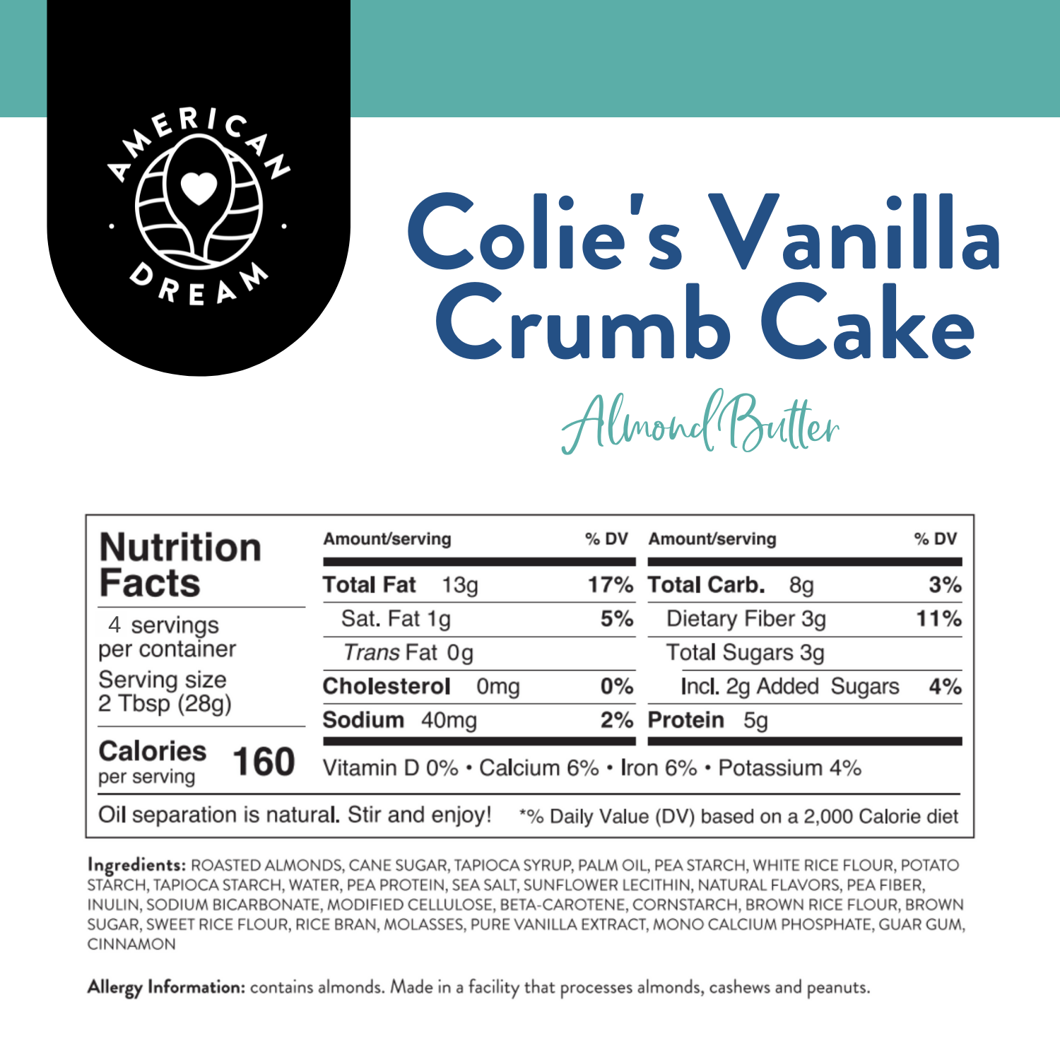 Baby Butter 4oz Gluten-Free Colie's Vanilla Crumb Cake Almond Butter